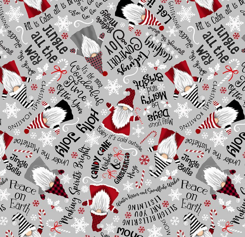 Grey Candy Cane Gnomes/Gonks 100% Premium Cotton by Timeless Treasures Per 1/2 Metre