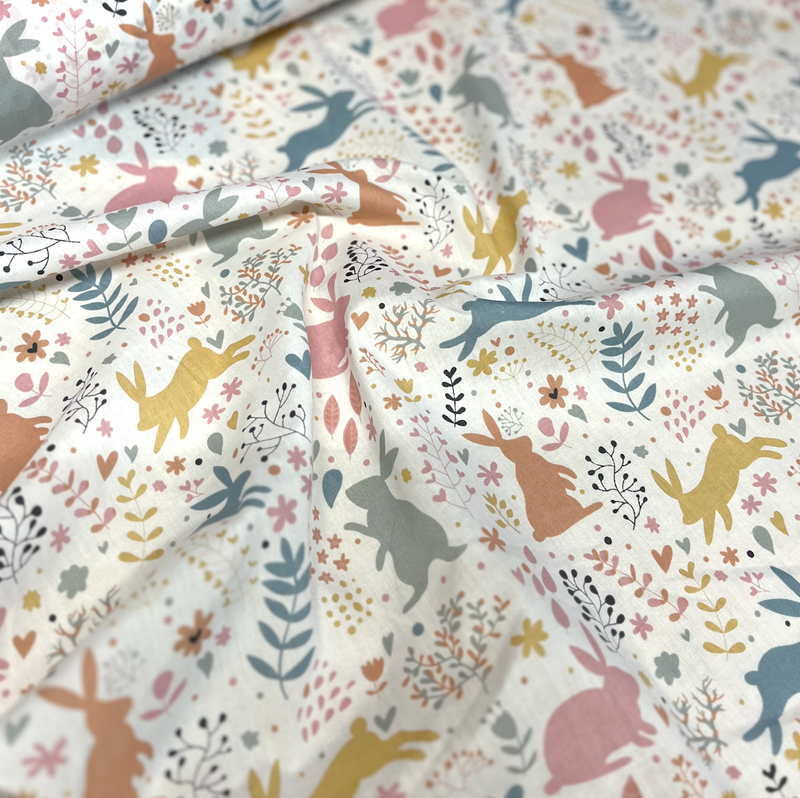 Cream Easter Rabbits Poly cotton fabric, sold per 1/2 metre, 112cm wide