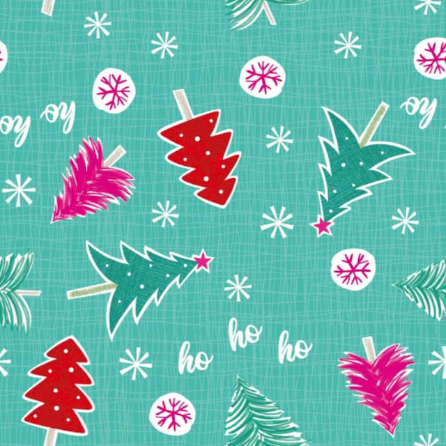 Colourful Christmas Trees & Snowflakes 100% Cotton fabric,  Sold Per 1/2 Metre