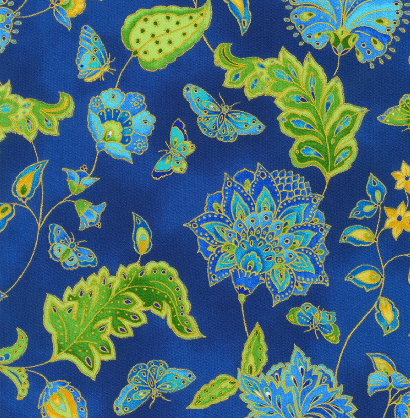 Parvaneh's Butterflies Floral Sapphire - 100% Premium Cotton Fabric - Sold Per Half Metre