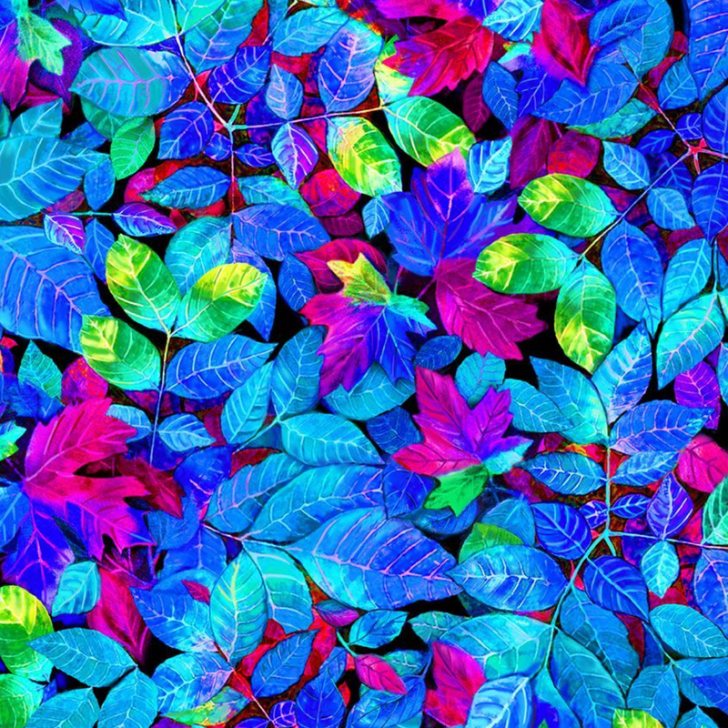 Nature's Glow Blue Neon Leaves 100% Premium Cotton by Timeless Treasures Per 1/2 Metre