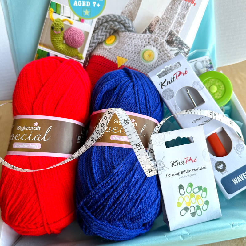 Children’s Starter Crochet Gift Set including yarn, book, needle, tape measure, counter, stitch markers & hook