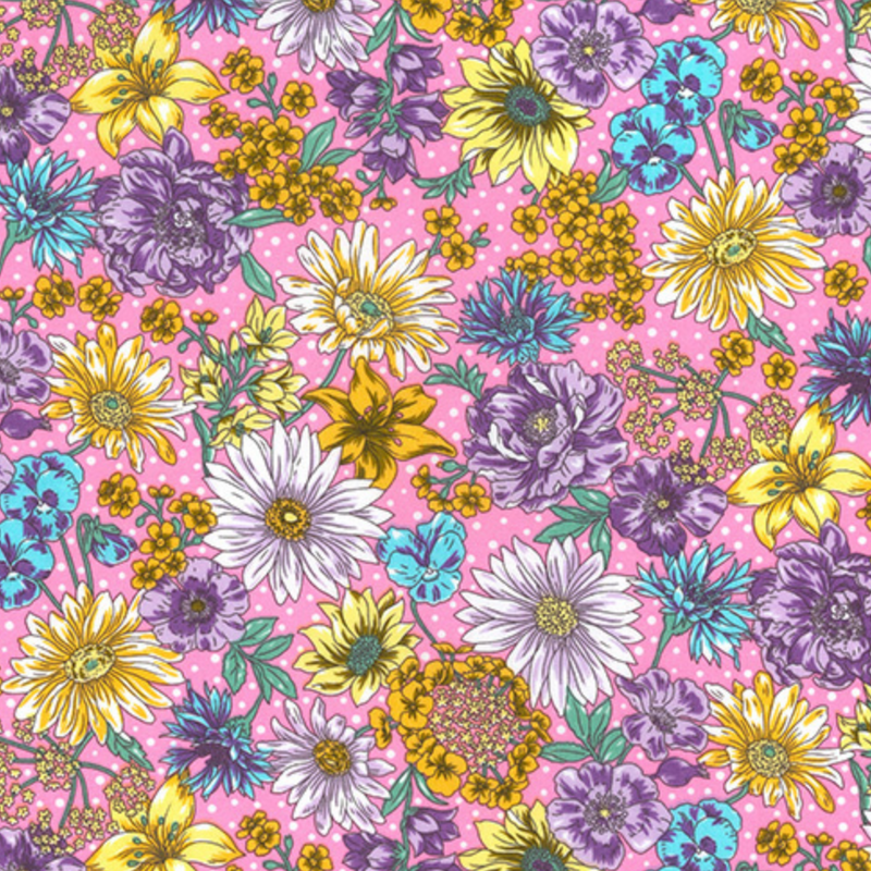 Pink Flower Garden - 100% Cotton Poplin  Fabric - Sold Per Half Metre