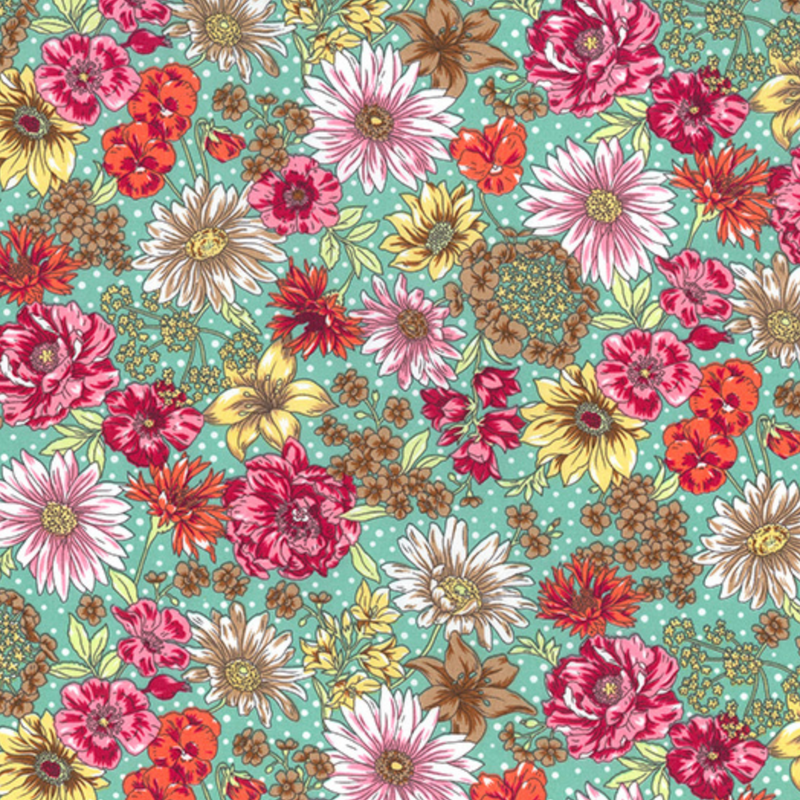 Green Flower Garden - 100% Cotton Poplin  Fabric - Sold Per Half Metre