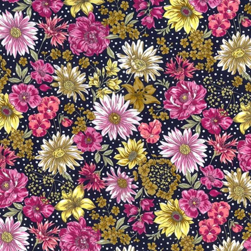 Navy Flower Garden - 100% Cotton Poplin  Fabric - Sold Per Half Metre