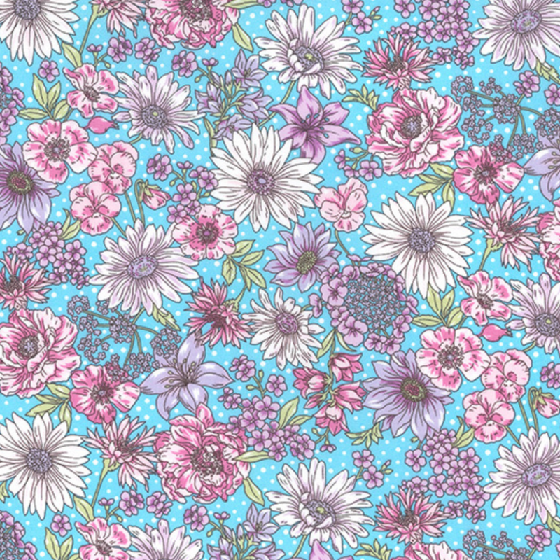 Pale Blue Flower Garden - 100% Cotton Poplin  Fabric - Sold Per Half Metre