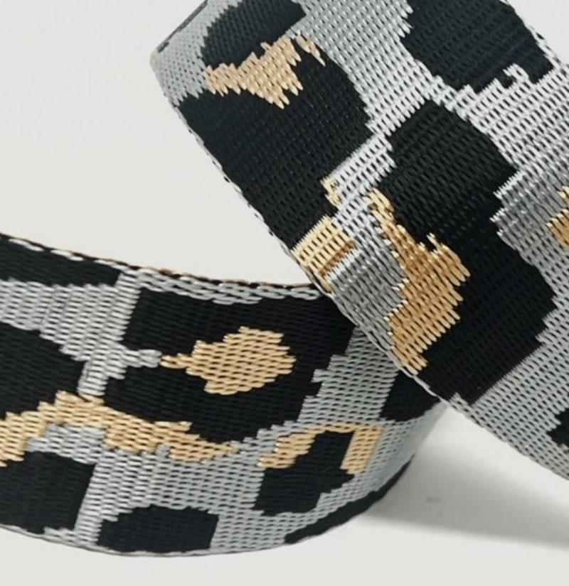 Grey/Gold Animal Webbing Tape 38mm wide.  Ideal for bag straps - Sold Per Metre