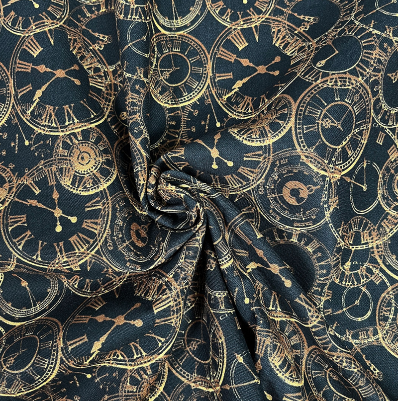 Steam Punk Clocks Black / Bronze, 100% Cotton Fabric, 112cm wide, by the Half  Metre