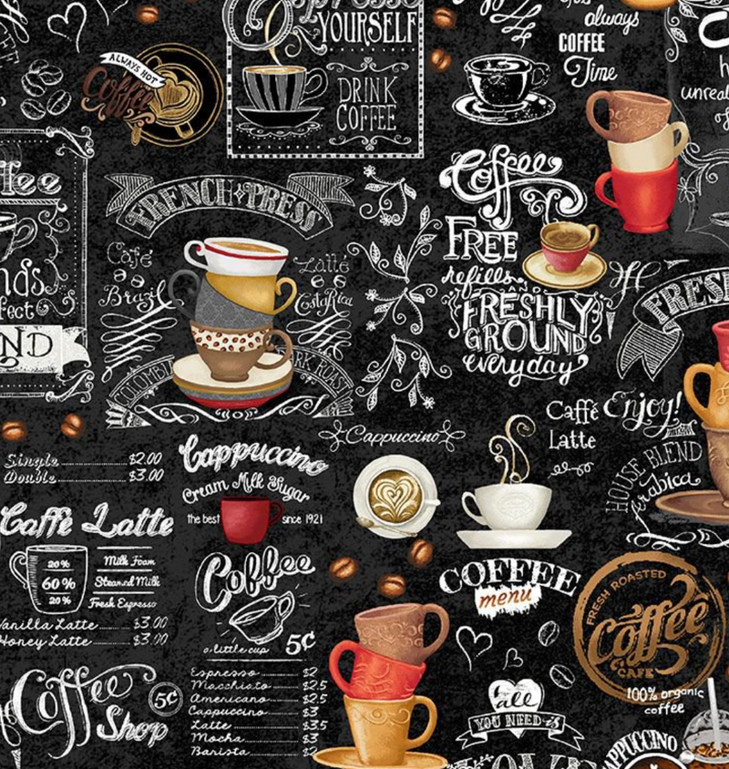 Coffee Chalkboard 100% Premium Cotton by Timeless Treasures Per 1/2 Metre