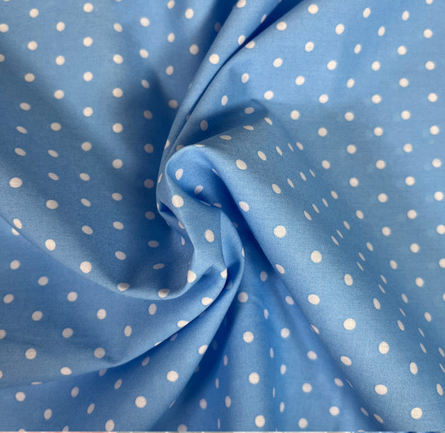 Pale Blue Simple Polka Dot Poly cotton fabric, sold per 1/2 metre, 112cm wide