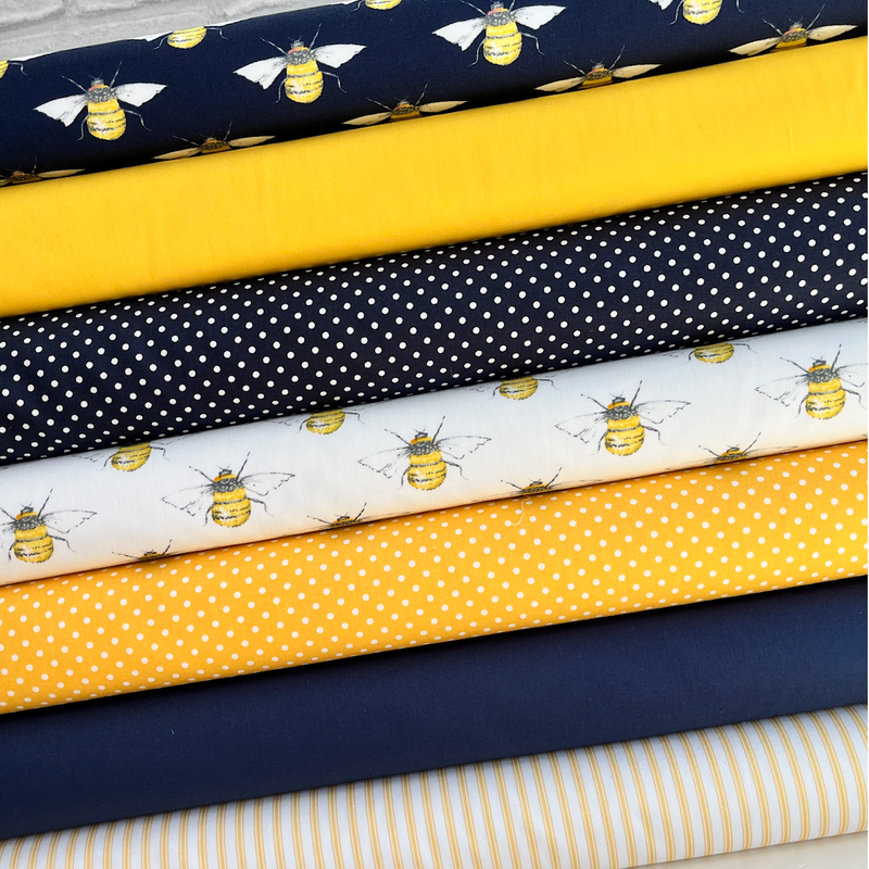 Navy Meadow Bees 7 piece Fat Quarter Fabric Bundle 100% Cotton Fabric