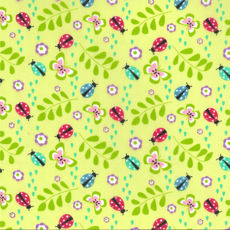 Green Ladybirds and Butterflies Poly cotton fabric, sold per 1/2 metre, 112cm wide