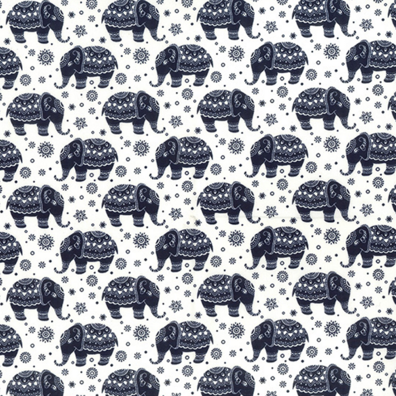 Ivory & Navy Elephants 100% Cotton Poplin Fabric Sold Per 1/2 Metre