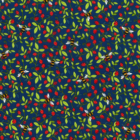 Navy Bees & Strawberries 100% Cotton Poplin Fabric Sold Per 1/2 Metre