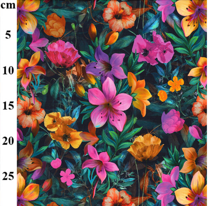 Vibrant Floral Midnight 100% cotton Lawn 53 inches wide sold per 1/2 metre