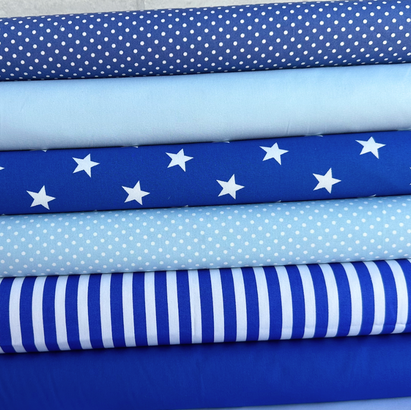 Baby Boy Blues Light & Dark 6 Piece 100% Cotton Poplin Fabric Bundle