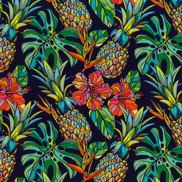 Navy Tropical Pineapples 100% Cotton Poplin Sold Per 1/2 Metre 112cm Wide