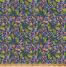 Whimsical Flower Garden Navy Blue Leaf, Premium Cotton Fabric sold per 1/2 Metre