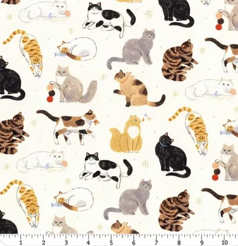 Play Cat Fabric Premium Cotton Sold Per 1/2 Metre By Eri Kamei