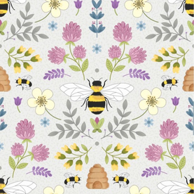 Queen Bee Buzzing Garden Harmony 100% Premium Cotton fabric Sold Per 1/2 Metre