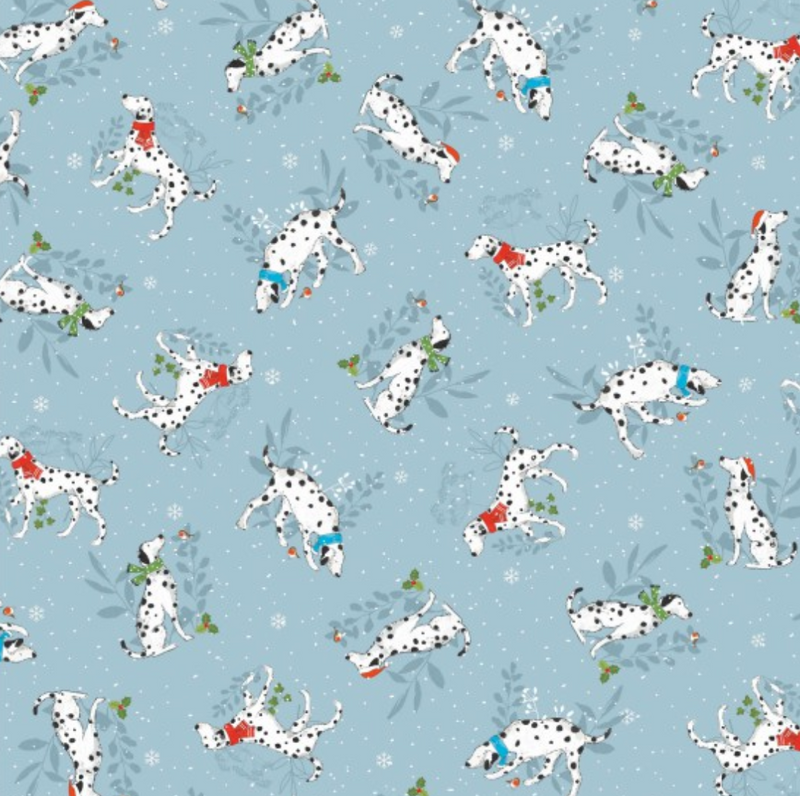 Dalmatian Winter Mischief 100% Premium Cotton fabric Sold Per 1/2 Metre