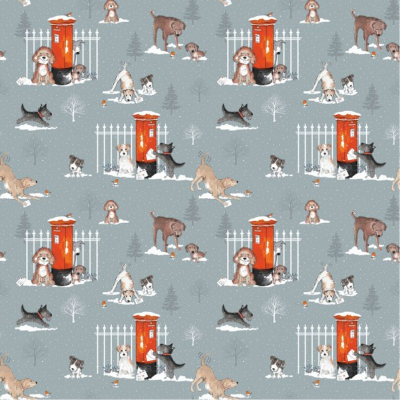 Puppy Christmas Post 100% Premium Cotton fabric Sold Per 1/2 Metre