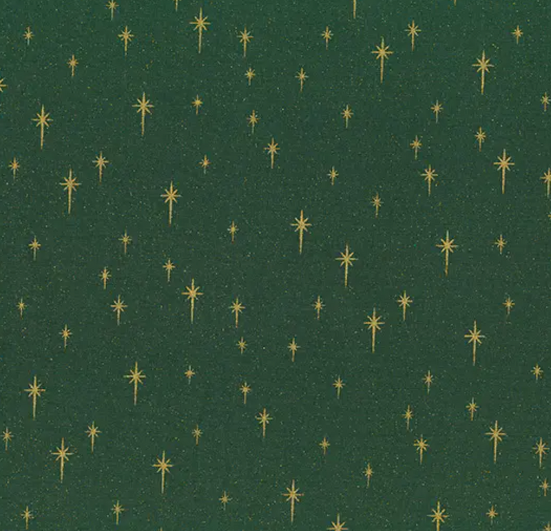 Green & Gold Shining Star 100% Cotton Christmas Fabric Sold Per 1/2 Metre