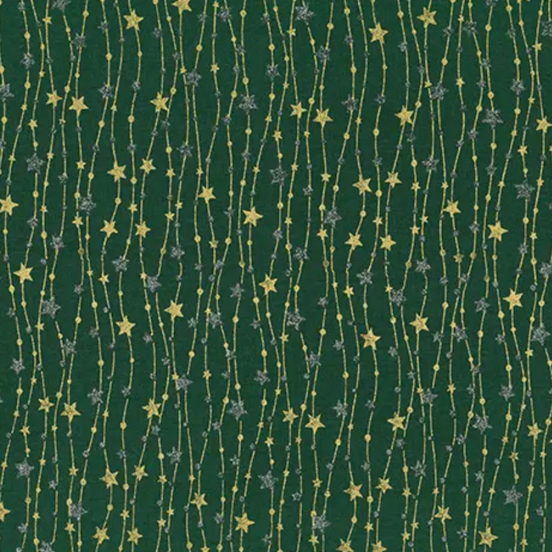 Green Trailing Star Gold & Silver 100% Cotton Christmas Fabric Sold Per 1/2 Metre