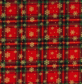 Red & Gold Snowflakes Large Plaid Christmas Fabric 95% Cotton 5% Lurex Sold Per 1/2 Metre