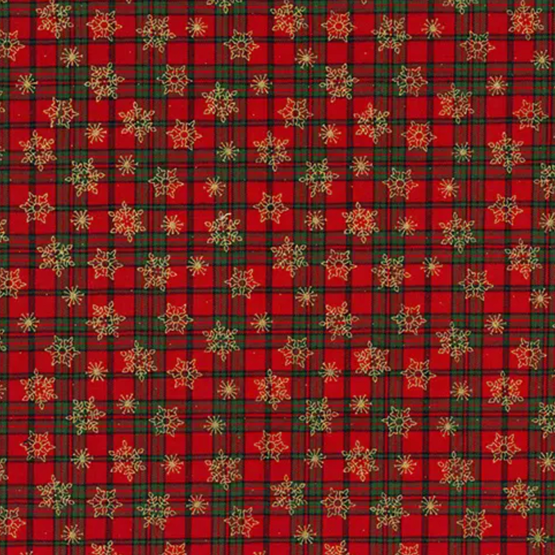 Gold Snowflakes Small Check Christmas Fabric 95% Cotton 5% Lurex Sold Per 1/2 Metre