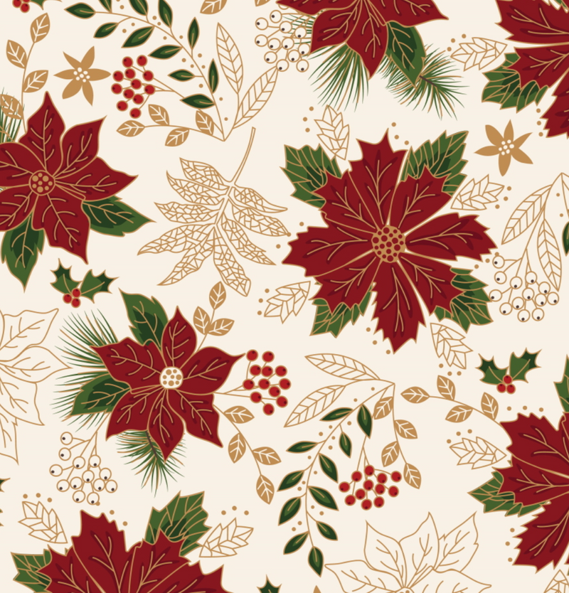 Metallic Cream Poinsettia 100% Cotton Christmas Fabric Sold Per 1/2 Metre