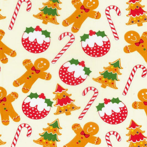 Gingerbread Men, Mince Pies & Candy Canes Polycotton fabric, 112cm wide per 1/2 metre