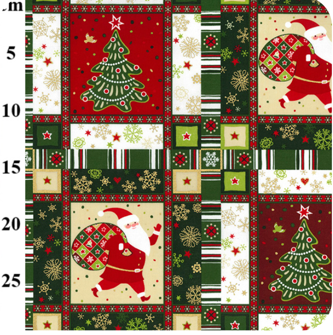 Santa & Tree Patchwork Christmas (red/green) 100% cotton fabric 54" wide