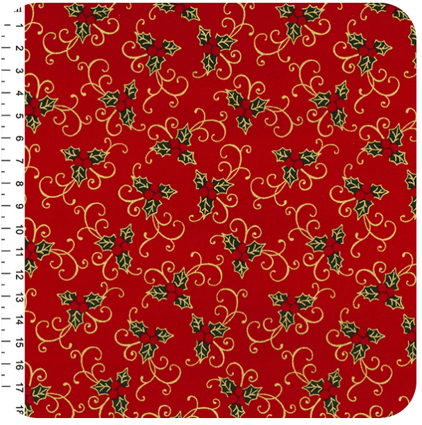 Christmas Elegance – Red & Gold Holly 100% cotton fabric 54" wide per 1/2 metre