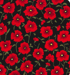 Black Poppy Parade - 100% Cotton Poplin Fabric - Sold Per Half Metre 112cm wide