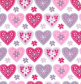 Pink & lilac valentines hearts 100% cotton poplin fabric 112cm wide, sold per 1/2 metre