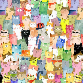 Groovy Cats Around Town 100% Premium Cotton Fabric Sold Per 1/2 Metre, 112cm Wide