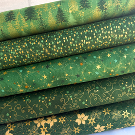 5 Piece Metallic Favourite Greens Christmas HALF METRE Bundle 100% Premium Cotton Fabrics