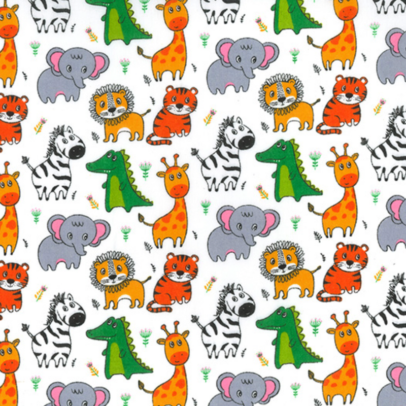 White Zoo Time Polycotton Fabric Per 1/2 Metre 112cm Wide