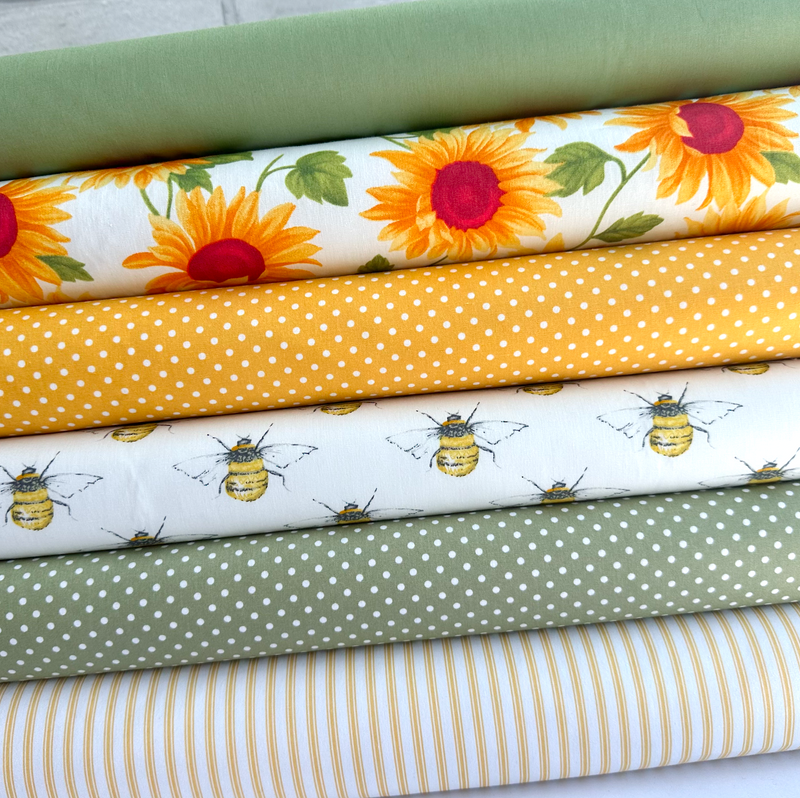 6 Piece Sunflowers & Bees Cotton Fat Quarter Fabric Bundle