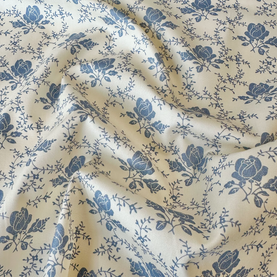 Ivory & Blue Victorian Roses 100% Cotton Poplin Fabric Sold Per 1/2 Metre