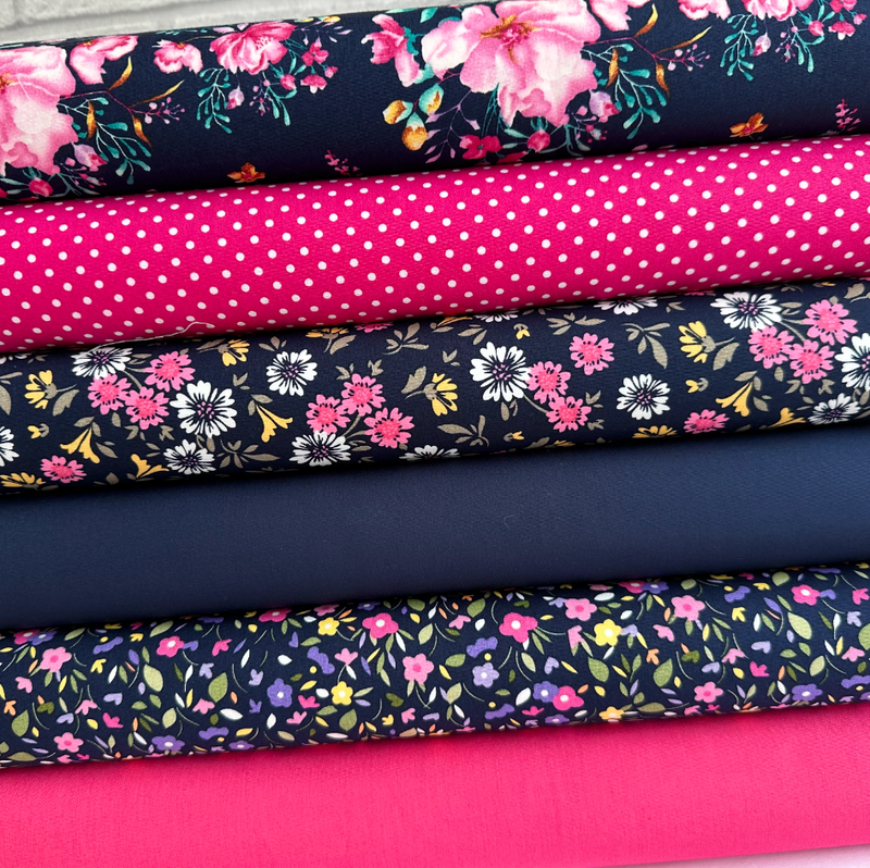 Kate Navy & Pink 6 Piece 100% Cotton Poplin Fat Quarter Fabric Bundle