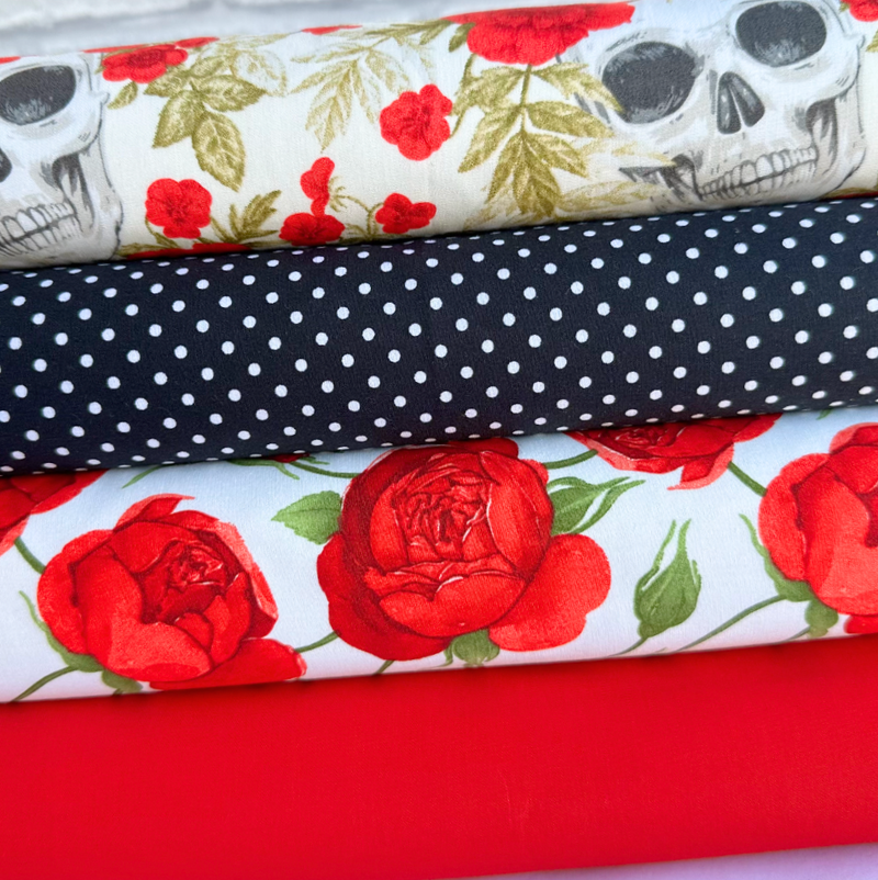 Skulls & Roses 4 Piece 100% Cotton Poplin Fabric Bundle