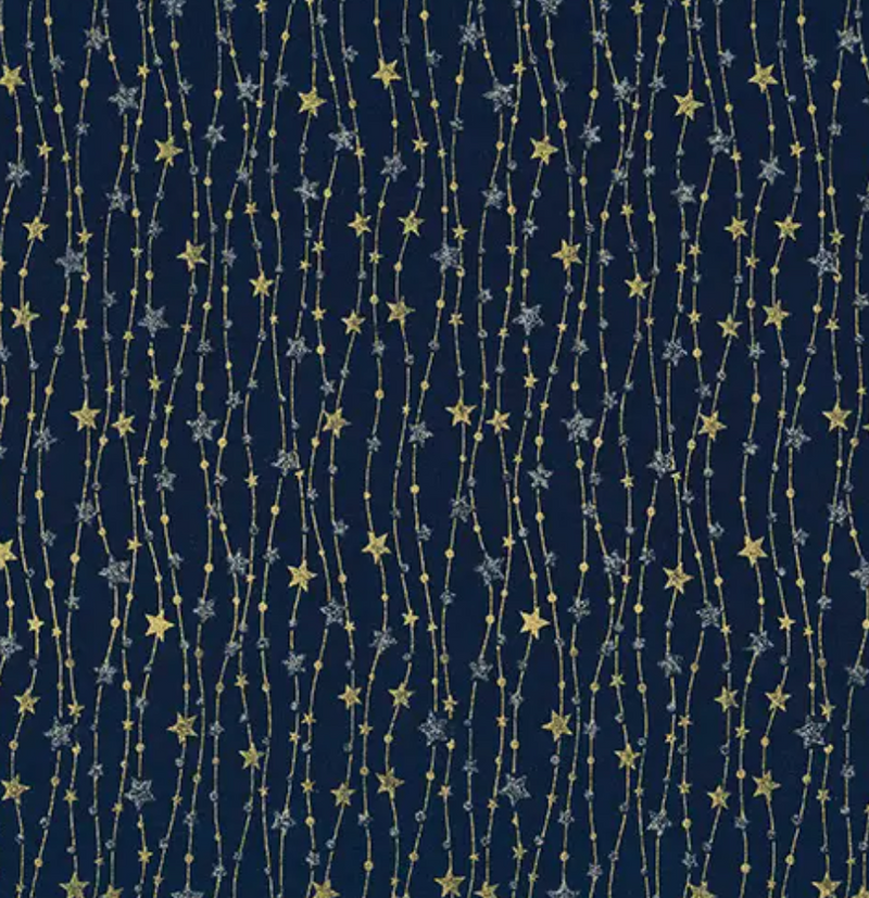 Navy Blue Trailing Star Gold & Silver 100% Cotton Christmas Fabric Sold Per 1/2 Metre
