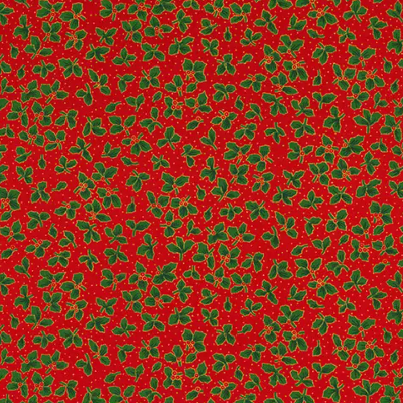 Red Traditional Holly 100% Cotton Christmas Fabric Sold Per 1/2 Metre