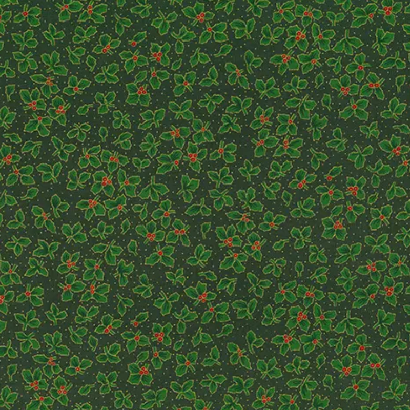 Green Traditional Holly 100% Cotton Christmas Fabric Sold Per 1/2 Metre