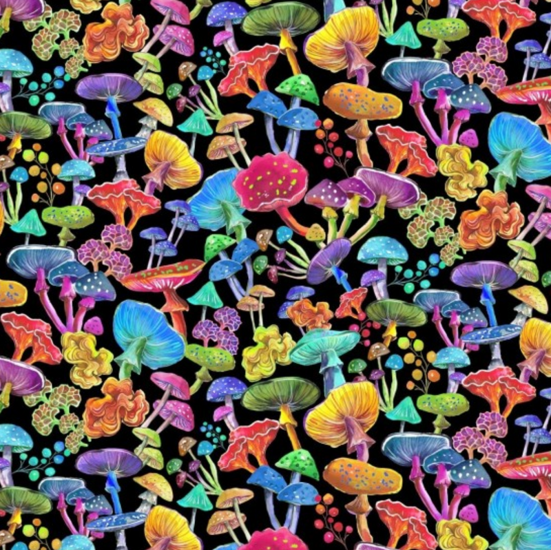 Luminous Shrooms Premium Cotton Fabric By Fiona Clarke Sold Per 1/2 Metre