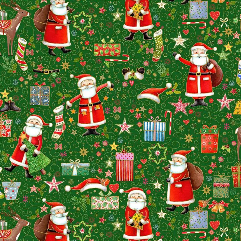 Metallic Jolly Green Santa 100% Premium Cotton Christmas Fabric Per Half Metre
