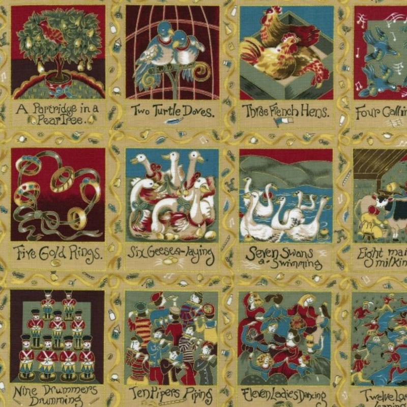 12 Days Of Christmas 100% Premium Cotton Fabric | 12 Inch Piece Includes 3 Full 12 Days