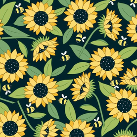 Sunflowers & Bees - Sunny Honey 100% Premium Cotton Fabric 112cm Wide Per 1/2 Metre